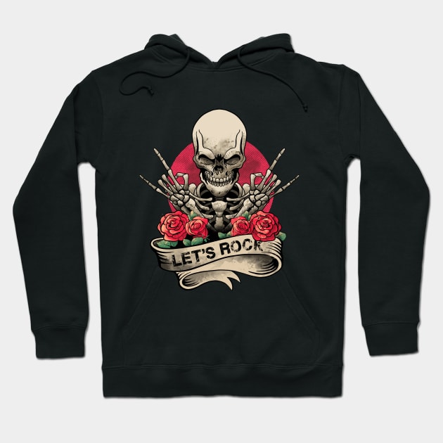 Lets Rock Rock&Roll Skeleton Hand Vintage Retro Rock Concert Hoodie by MerchBeastStudio